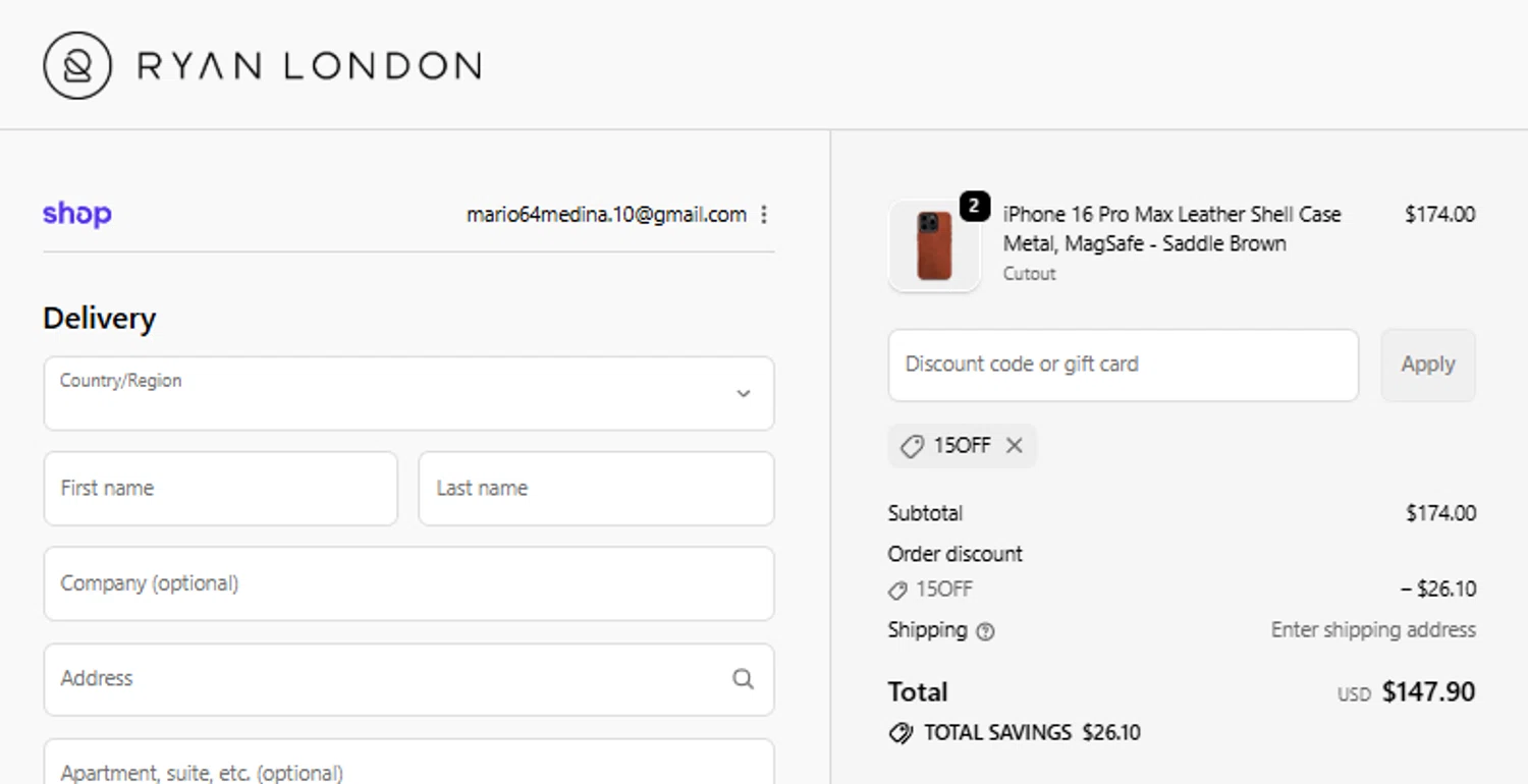 Ryan London discount code screenshot showing code 15OFF applied at Ryan London checkout page. Uploaded by SimplyCodes community member paquitin29 on Oct 7, 2025