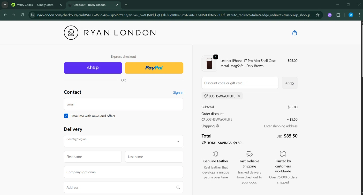 Ryan London discount code screenshot showing code JOSHSWAYOFLIFE applied at Ryan London checkout page. Uploaded by SimplyCodes community member _____________ on Feb 1, 2026