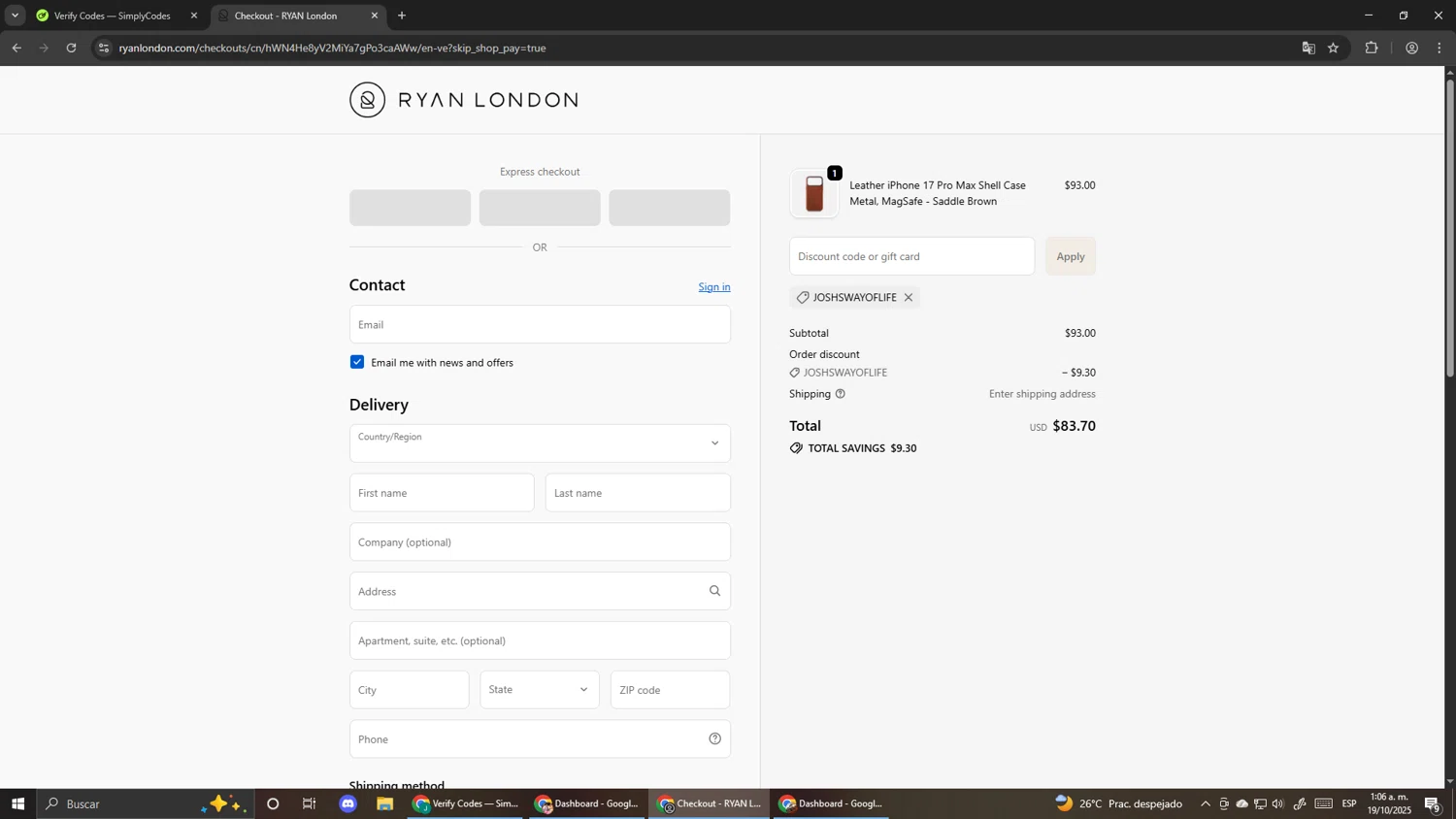 Ryan London discount code screenshot showing code JOSHSWAYOFLIFE applied at Ryan London checkout page. Uploaded by SimplyCodes community member Pirlo420 on Oct 19, 2025