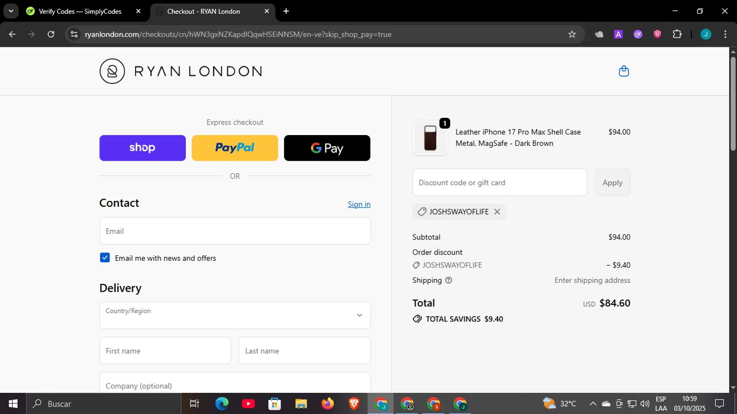 Ryan London discount code screenshot showing code JOSHSWAYOFLIFE applied at Ryan London checkout page. Uploaded by SimplyCodes community member WonderCaptain6926 on Oct 3, 2025