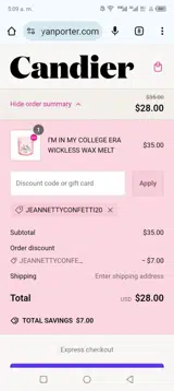 JEANNETTYCONFETTI20 coupon verification screenshot