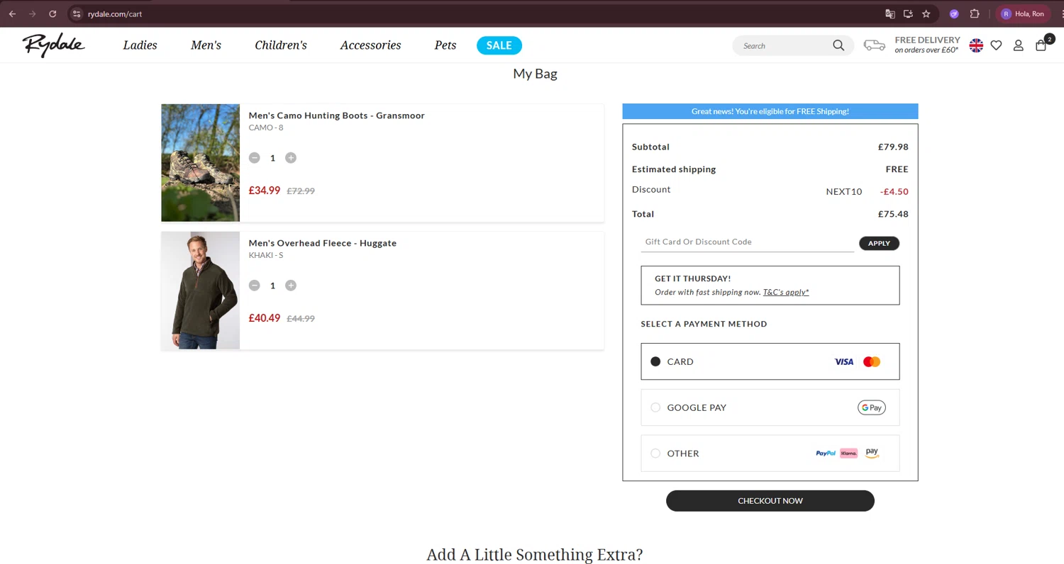 Rydale discount code screenshot showing code NEXT10 applied at Rydale checkout page. Uploaded by SimplyCodes community member Ron322 on Dec 30, 2025