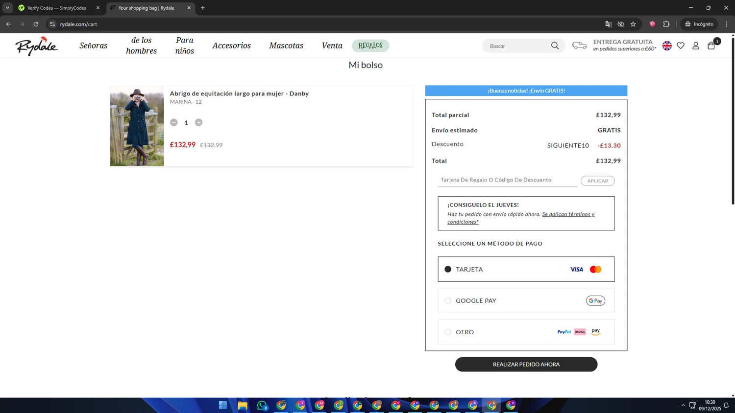 Rydale discount code screenshot showing code NEXT10 applied at Rydale checkout page. Uploaded by SimplyCodes community member SwiftSage2309 on Dec 9, 2025