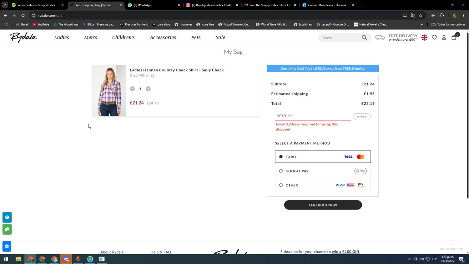 Rydale discount code screenshot showing code YFYFC10 applied at Rydale checkout page. Uploaded by SimplyCodes community member DonPollito on Mar 23, 2025