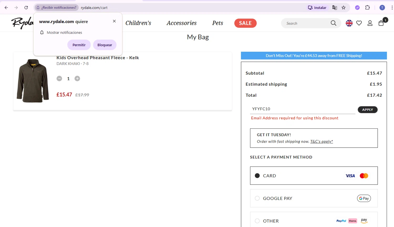 Rydale discount code screenshot showing code YFYFC10 applied at Rydale checkout page. Uploaded by SimplyCodes community member TRIBUENO on Feb 8, 2026