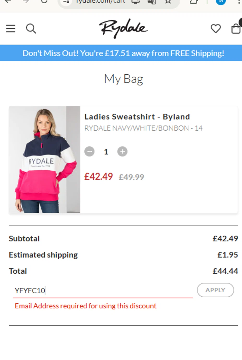 Rydale discount code screenshot showing code YFYFC10 applied at Rydale checkout page. Uploaded by SimplyCodes community member CouponBoss1854 on Mar 23, 2025