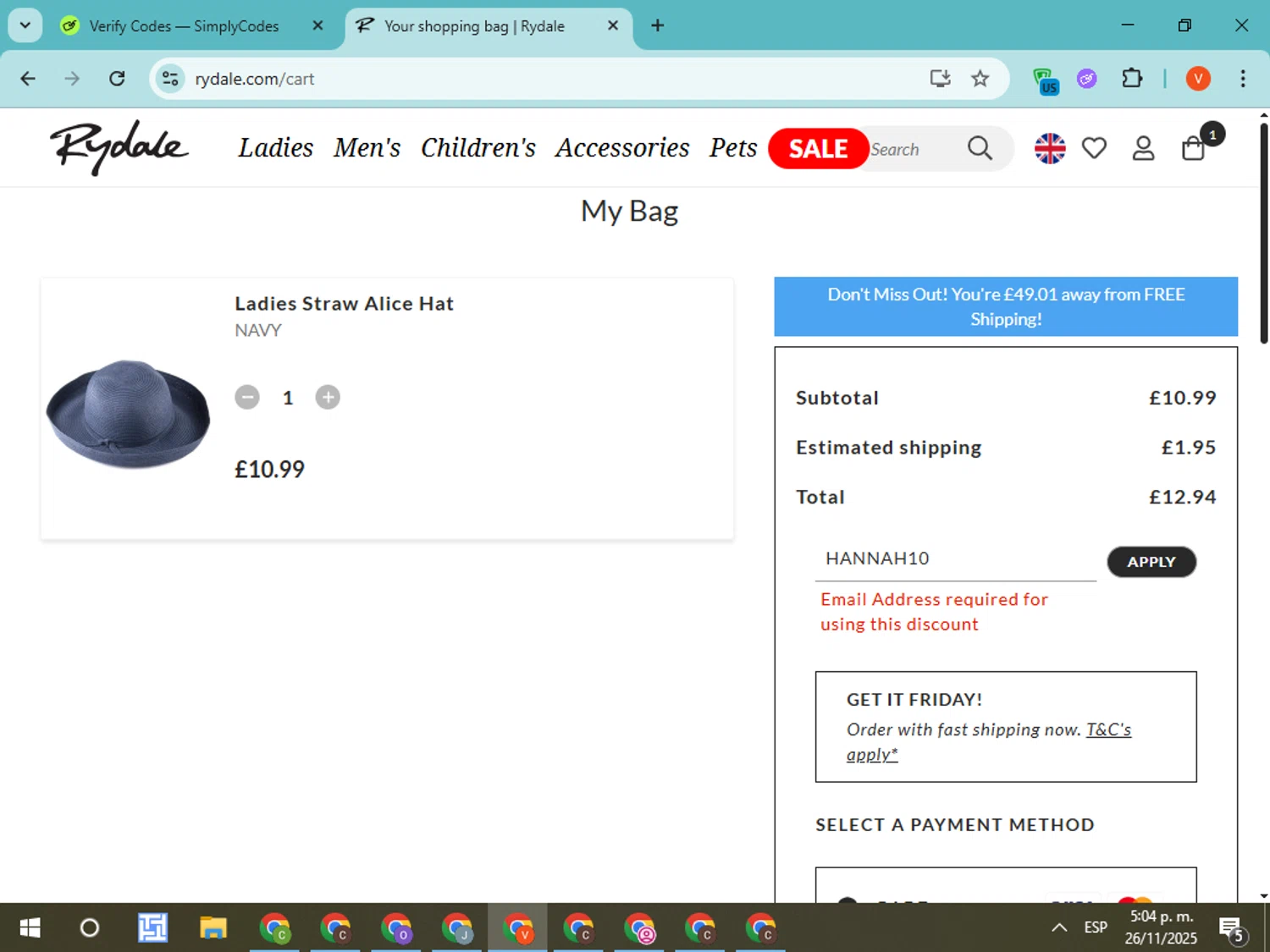 Rydale discount code screenshot showing code HANNAH10 applied at Rydale checkout page. Uploaded by SimplyCodes community member CodeMonarch8148 on Nov 26, 2025
