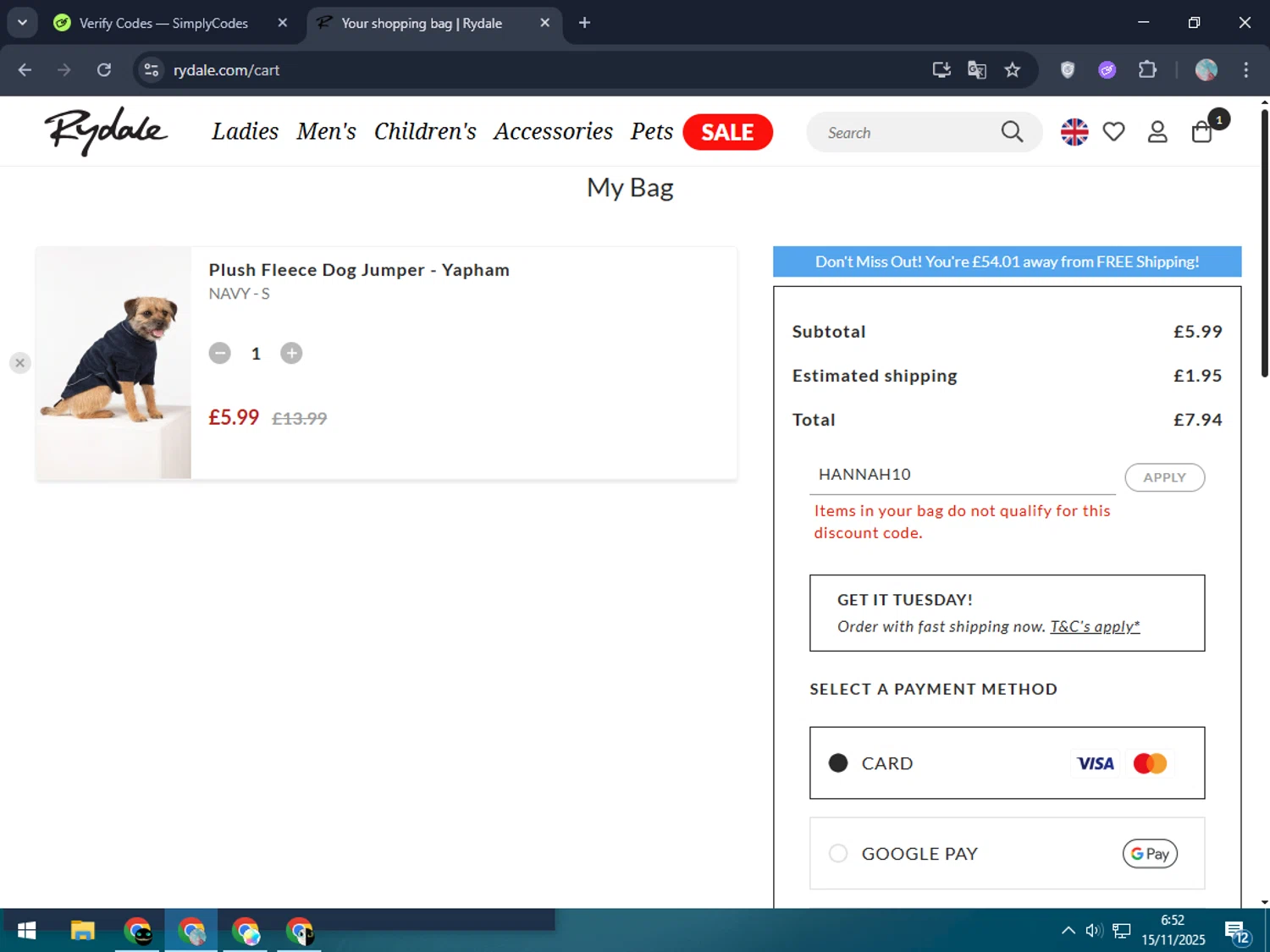 Rydale discount code screenshot showing code HANNAH10 applied at Rydale checkout page. Uploaded by SimplyCodes community member LegendaryPro7106 on Nov 15, 2025