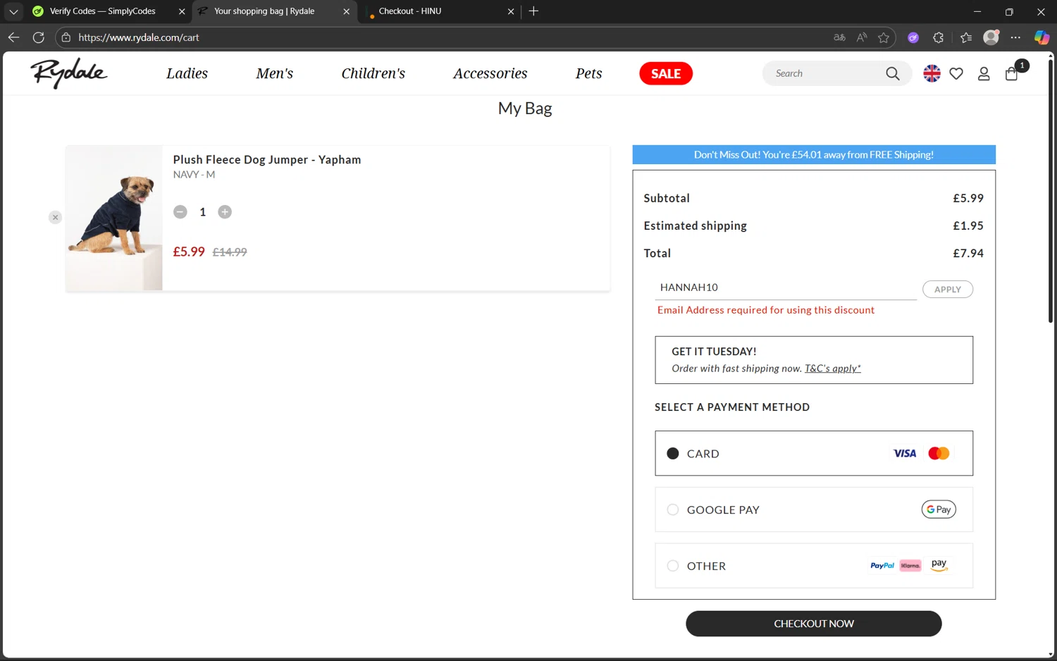 Rydale discount code screenshot showing code HANNAH10 applied at Rydale checkout page. Uploaded by SimplyCodes community member juanx1702 on Nov 15, 2025