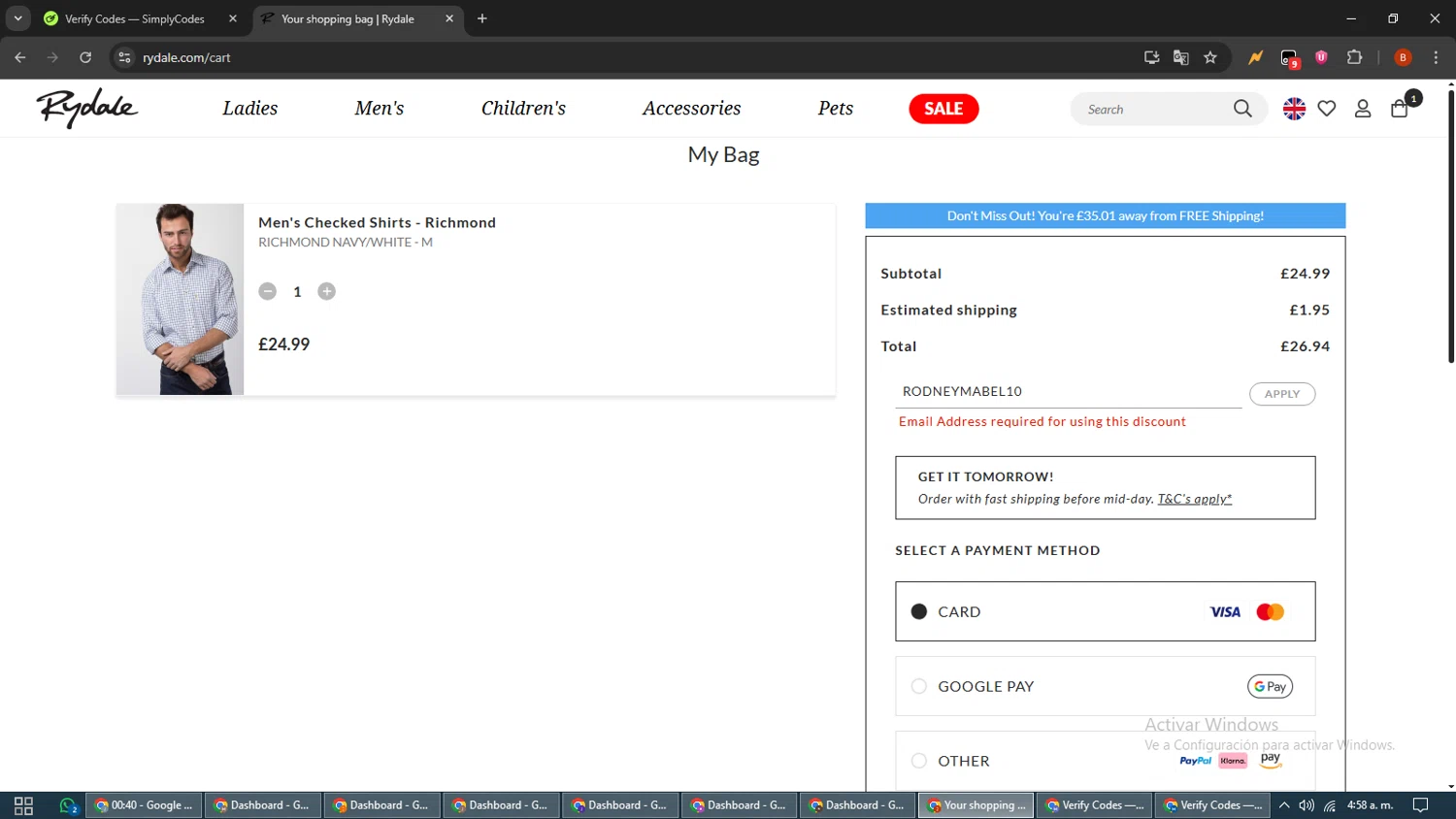 Rydale discount code screenshot showing code RODNEYMABEL10 applied at Rydale checkout page. Uploaded by SimplyCodes community member BrilliantLynx7174 on Nov 17, 2025
