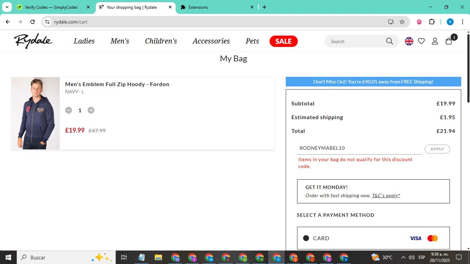 Rydale discount code screenshot showing code RODNEYMABEL10 applied at Rydale checkout page. Uploaded by SimplyCodes community member CodeShopper8605 on Nov 20, 2025