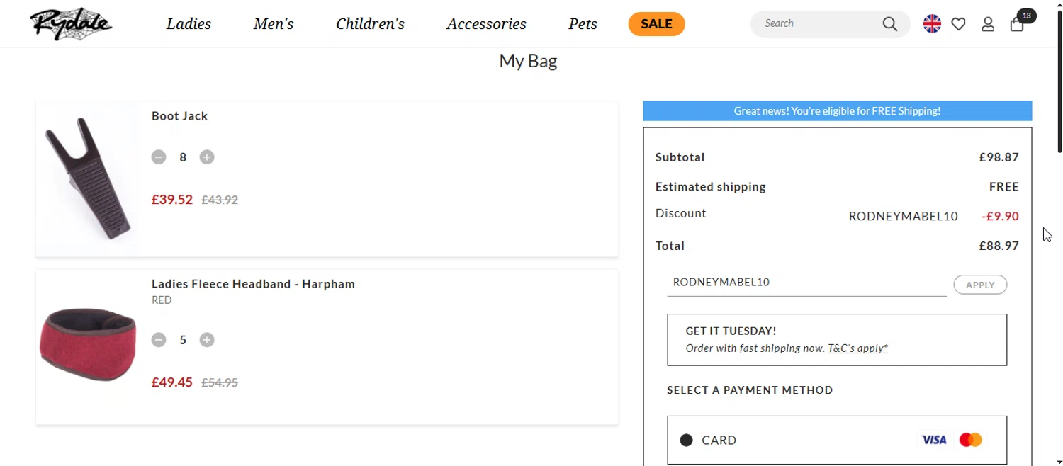 Rydale discount code screenshot showing code RODNEYMABEL10 applied at Rydale checkout page. Uploaded by SimplyCodes community member varusitochambeador3 on Nov 2, 2025