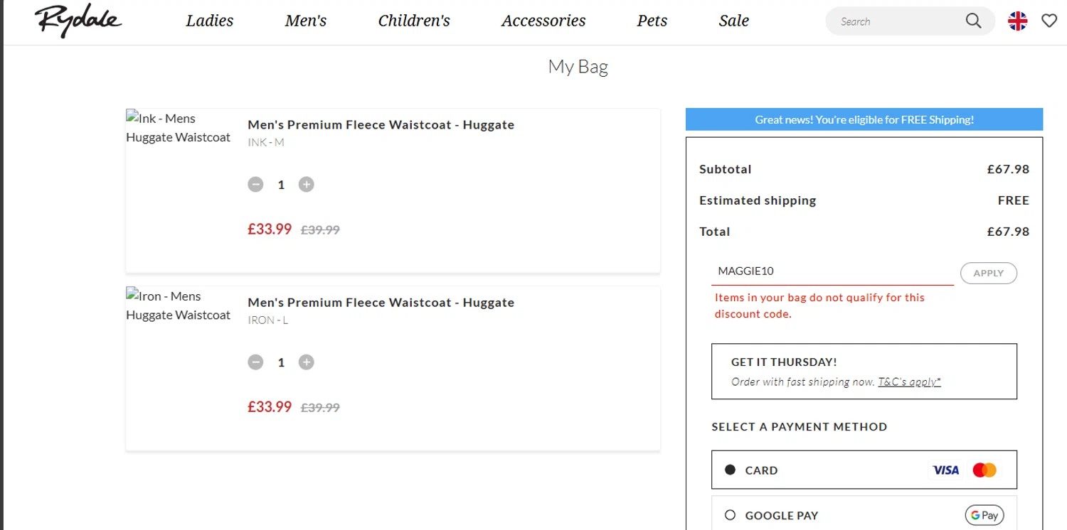 Rydale discount code screenshot showing code MAGGIE10 applied at Rydale checkout page. Uploaded by SimplyCodes community member ricardoramirez1 on Jun 10, 2025