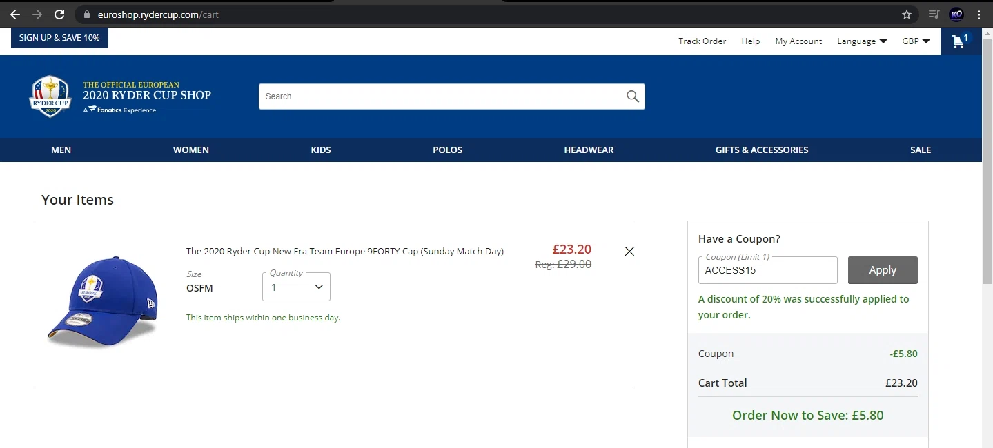 Ryder Cup checkout page showing Ryder Cup promo code box | Screenshot taken by SimplyCodes community member on Aug 9, 2021