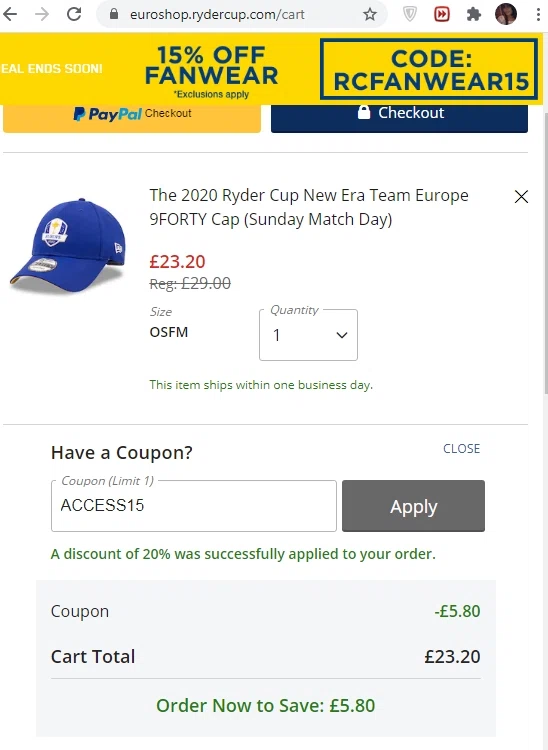 Ryder Cup checkout page showing Ryder Cup promo code box | Screenshot taken by SimplyCodes community member on Sep 7, 2021