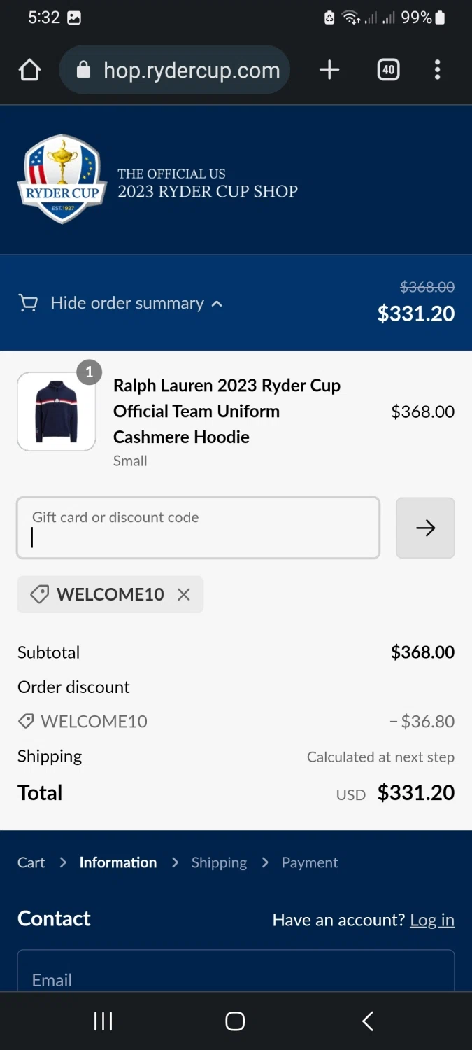 Ryder Cup checkout page showing Ryder Cup promo code box | Screenshot taken by SimplyCodes community member on Aug 17, 2023