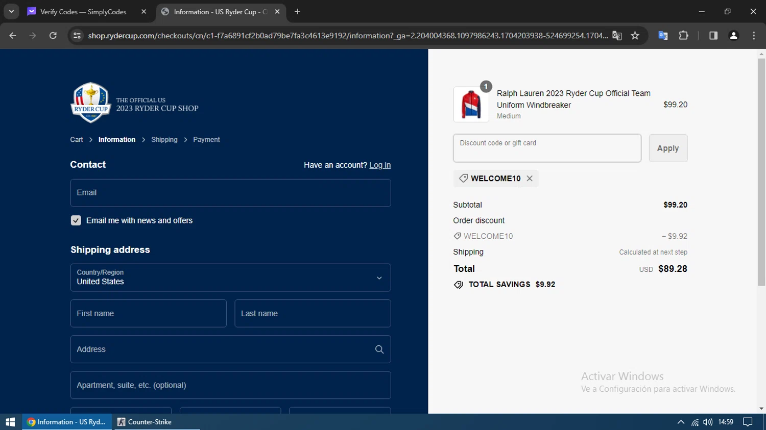 Ryder Cup checkout page showing Ryder Cup promo code box | Screenshot taken by SimplyCodes community member on Jan 2, 2024