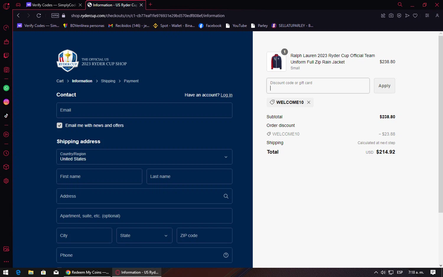 Ryder Cup checkout page showing Ryder Cup promo code box | Screenshot taken by SimplyCodes community member on Nov 4, 2023