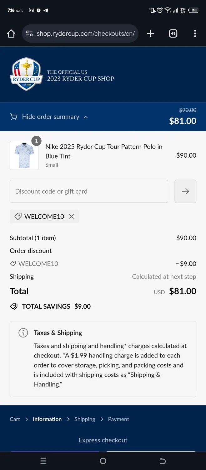 Ryder Cup checkout page showing Ryder Cup promo code box | Screenshot taken by SimplyCodes community member on Sep 16, 2024
