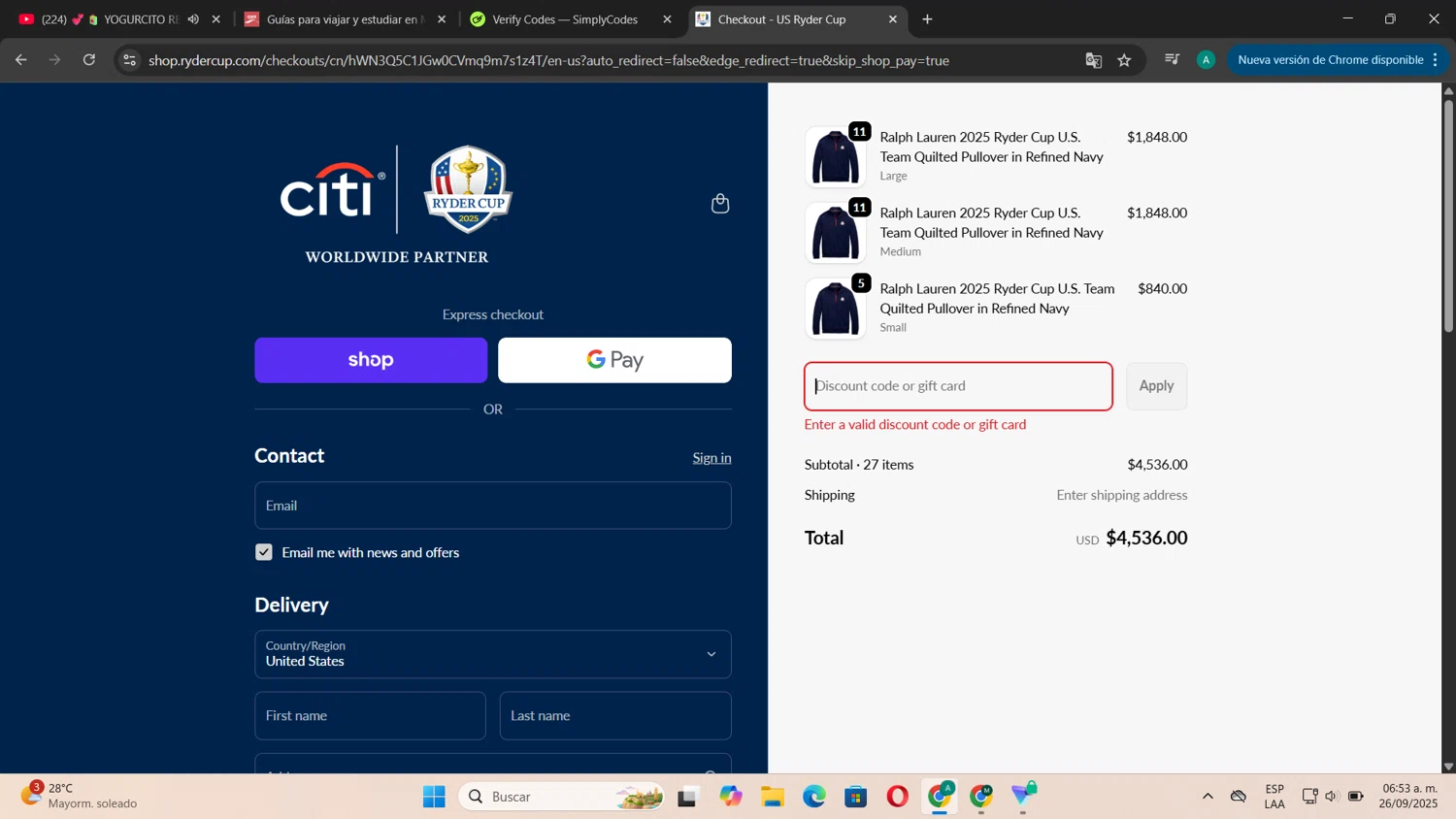 Ryder Cup US promo code screenshot showing code WELCOME10 applied at Ryder Cup US checkout page. Uploaded by SimplyCodes community member CouponSentinel181 on Sep 26, 2025