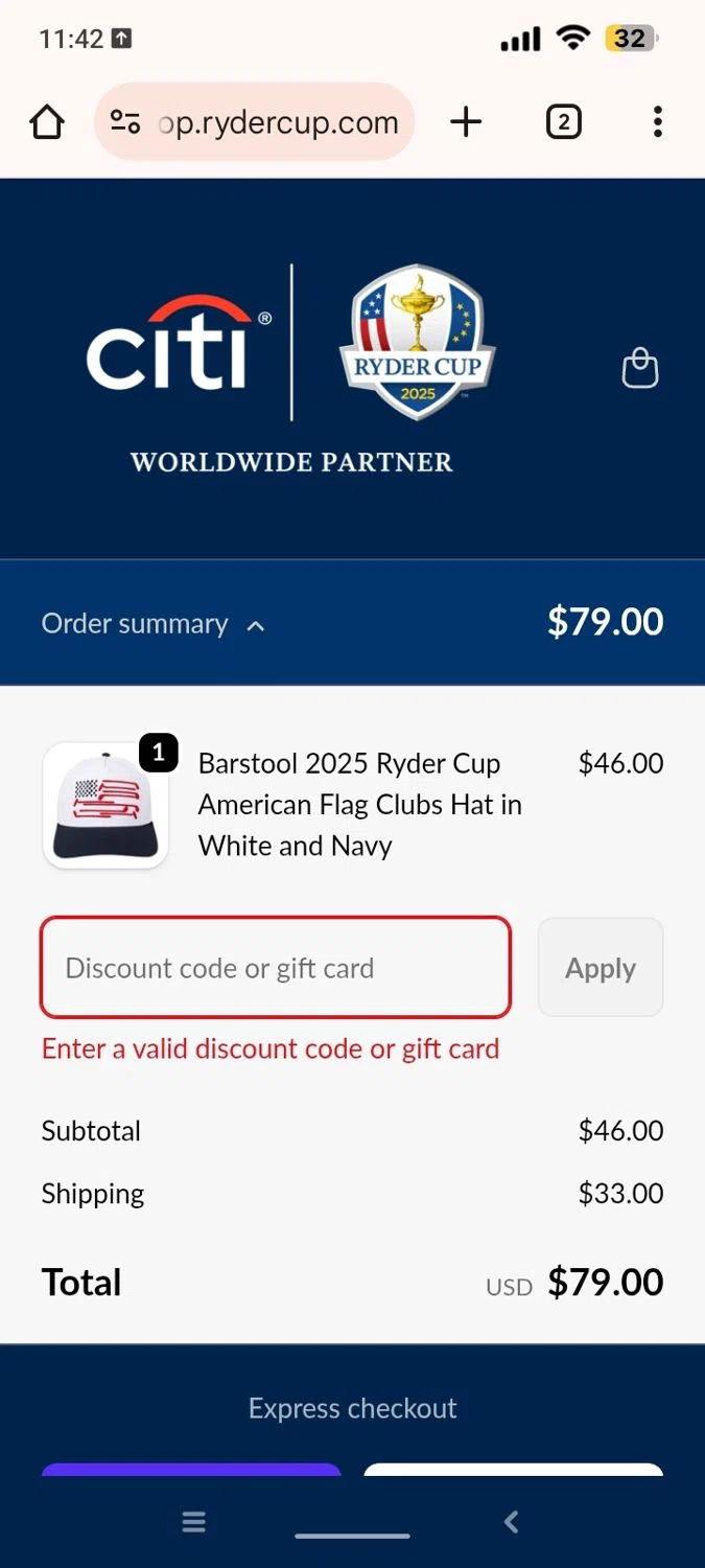 Ryder Cup US promo code screenshot showing code WELCOME10 applied at Ryder Cup US checkout page. Uploaded by SimplyCodes community member Heinsenberg on Sep 26, 2025