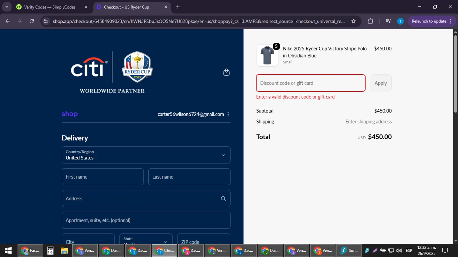 Ryder Cup US promo code screenshot showing code WELCOME10 applied at Ryder Cup US checkout page. Uploaded by SimplyCodes community member LuckyPioneer4530 on Sep 26, 2025