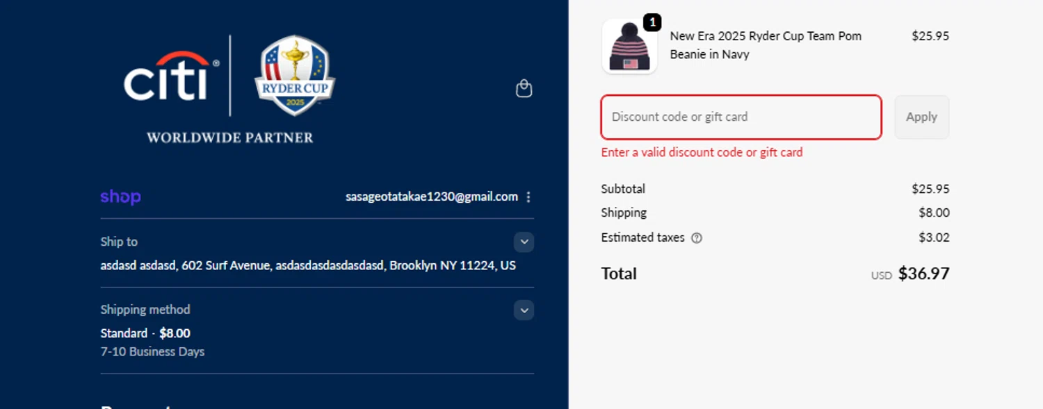 Ryder Cup US promo code screenshot showing code SAVE30 applied at Ryder Cup US checkout page. Uploaded by SimplyCodes community member FIREINTHEHOLE on Oct 24, 2025
