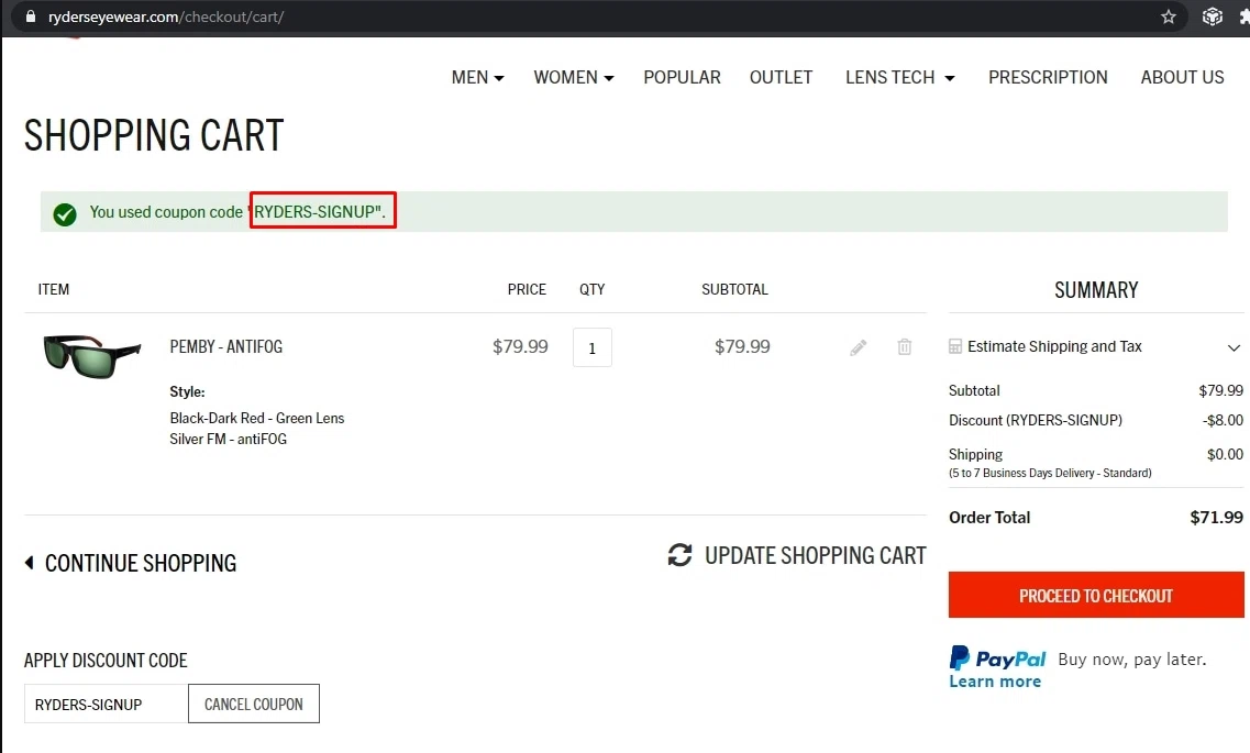Ryders Eyewear checkout page showing Ryders Eyewear discount code box | Screenshot taken by SimplyCodes community member on Aug 4, 2021