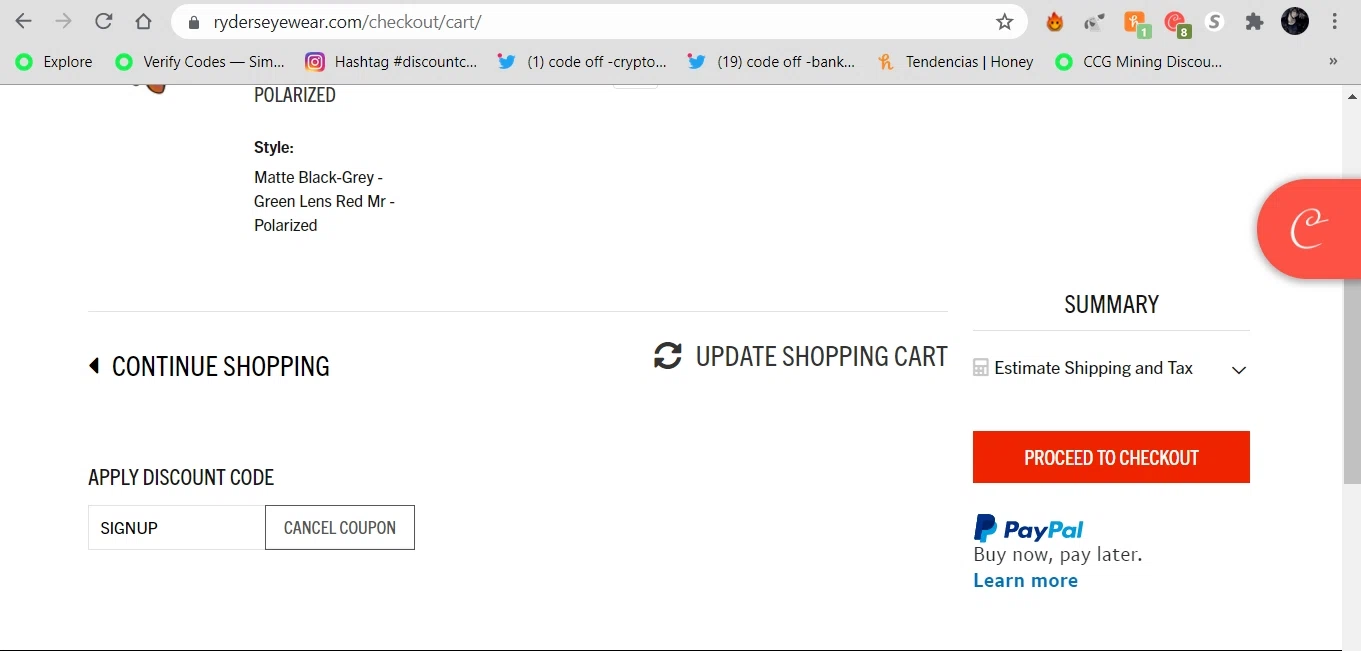 Ryders Eyewear checkout page showing Ryders Eyewear discount code box | Screenshot taken by SimplyCodes community member on Jul 12, 2021