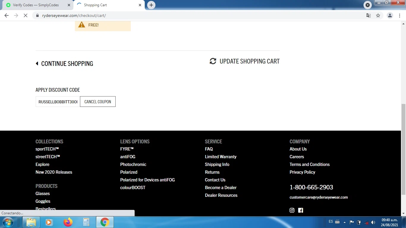 Ryders Eyewear checkout page showing Ryders Eyewear discount code box | Screenshot taken by SimplyCodes community member on Aug 24, 2021