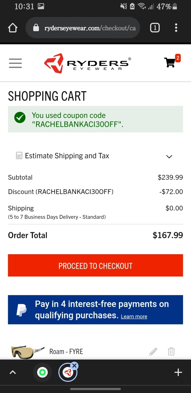 Ryders Eyewear checkout page showing Ryders Eyewear discount code box | Screenshot taken by SimplyCodes community member on Sep 9, 2021