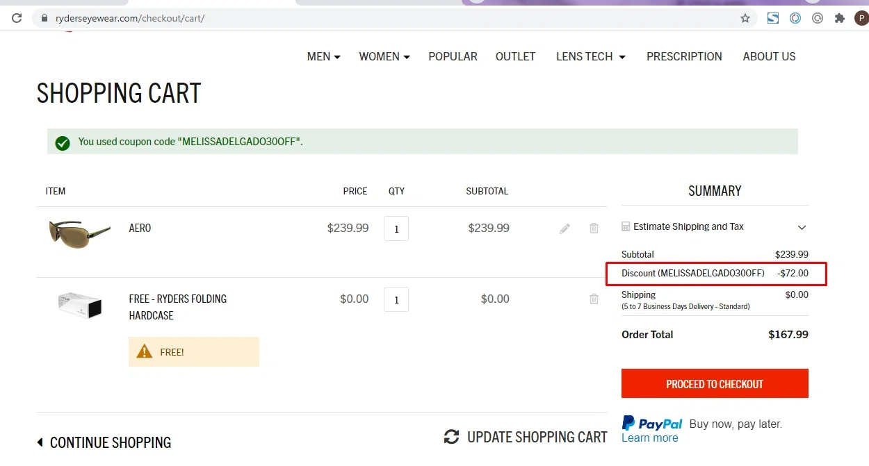 Ryders Eyewear checkout page showing Ryders Eyewear discount code box | Screenshot taken by SimplyCodes community member on Sep 9, 2021