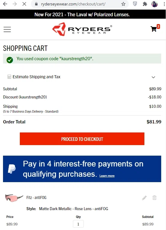Ryders Eyewear checkout page showing Ryders Eyewear discount code box | Screenshot taken by SimplyCodes community member on Aug 31, 2021