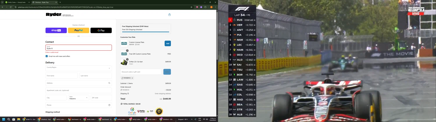 Ryder Toys discount code screenshot showing code Ryder10 applied at Ryder Toys checkout page. Uploaded by SimplyCodes community member Davoxeneixe on Jun 15, 2025