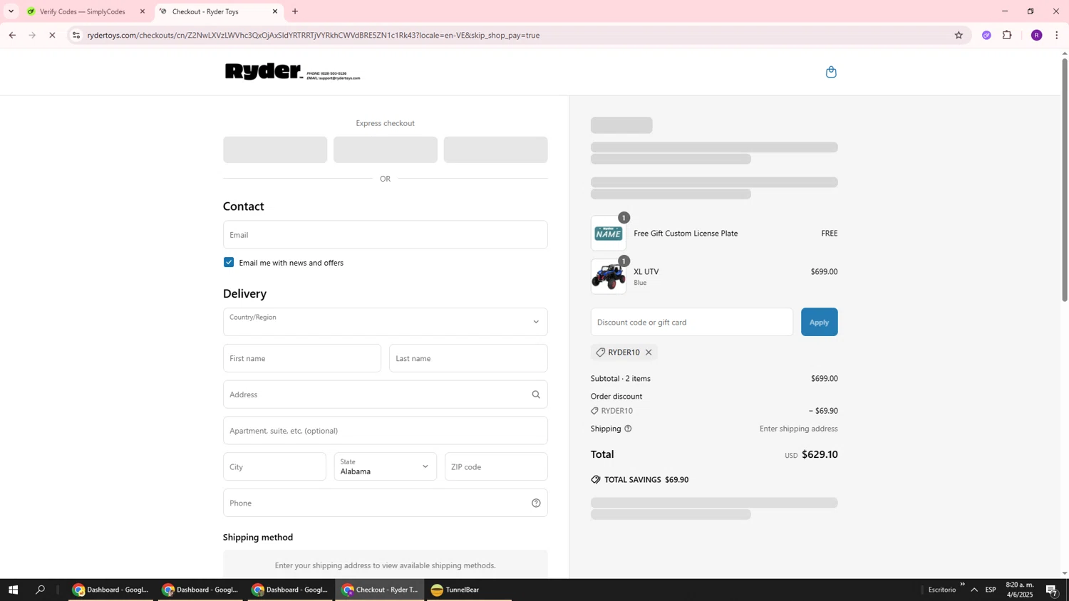 Ryder Toys discount code screenshot showing code Ryder10 applied at Ryder Toys checkout page. Uploaded by SimplyCodes community member ukemochi on Jun 4, 2025