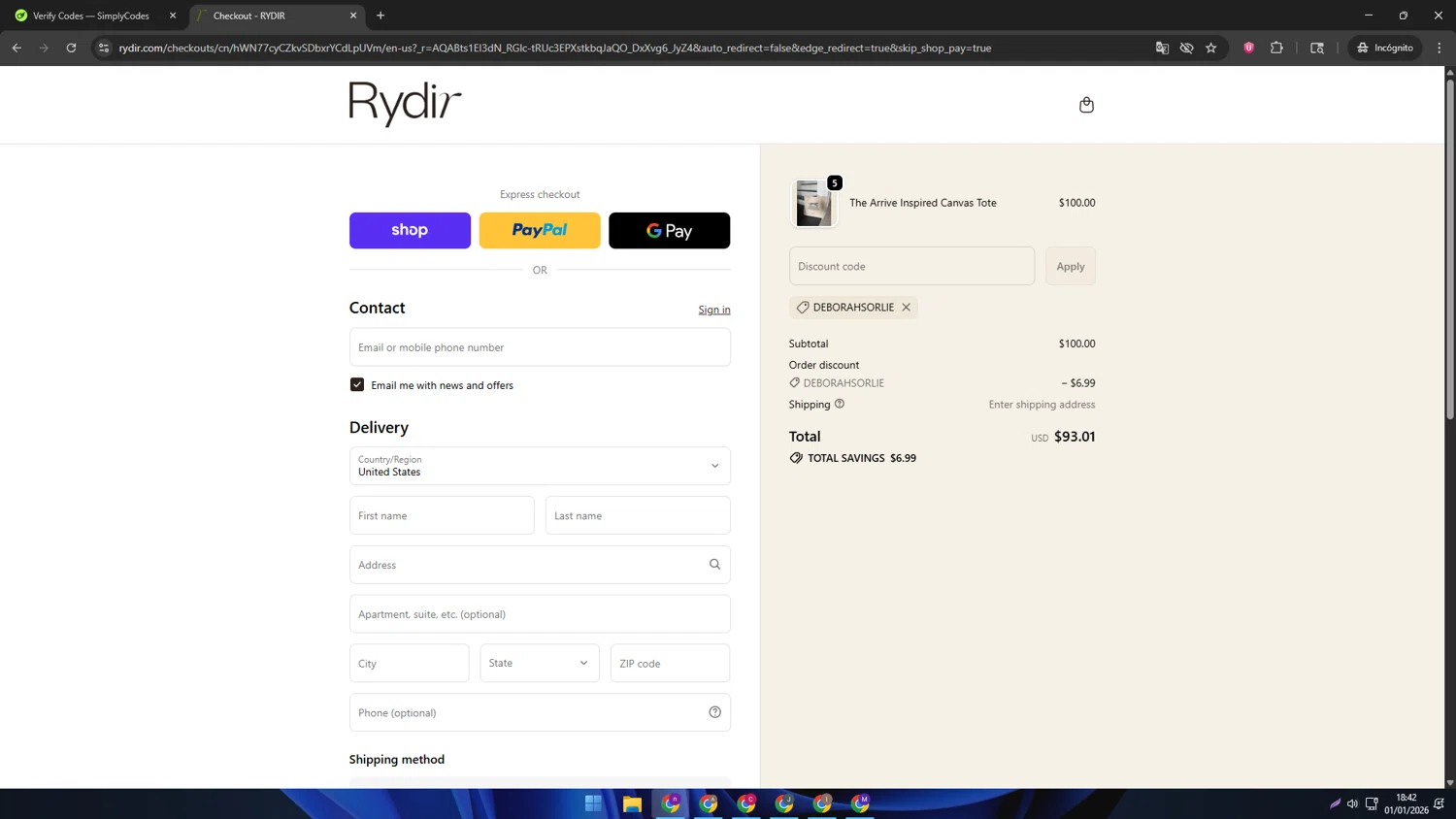 RYDIR discount code screenshot showing code DEBORAHSORLIE applied at RYDIR checkout page. Uploaded by SimplyCodes community member AVAMUSTANG on Jan 1, 2026