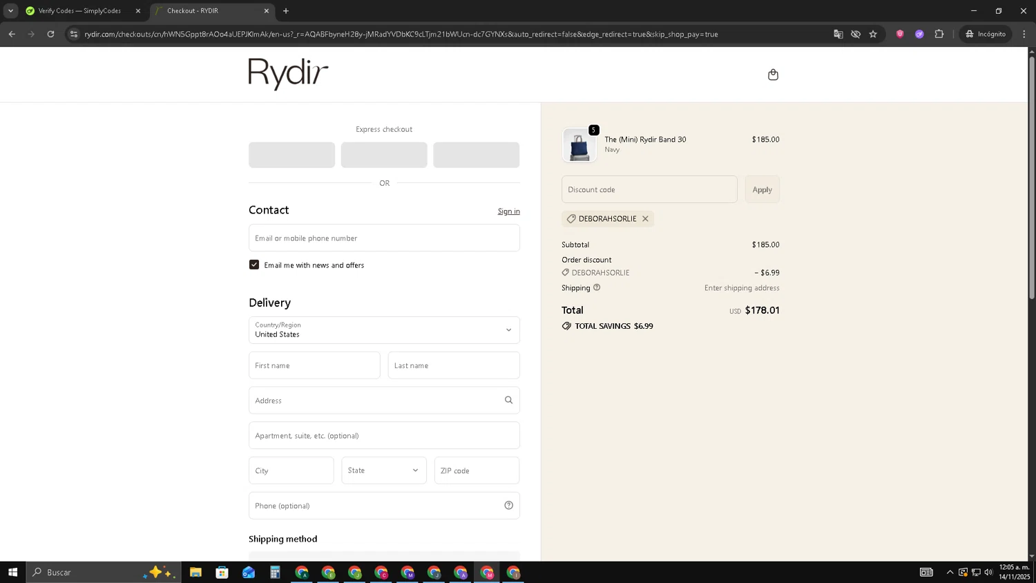 RYDIR discount code screenshot showing code DEBORAHSORLIE applied at RYDIR checkout page. Uploaded by SimplyCodes community member CBR600 on Nov 14, 2025