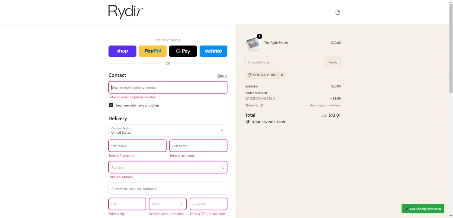 RYDIR discount code screenshot showing code DEBORAHSORLIE applied at RYDIR checkout page. Uploaded by SimplyCodes community member PromoSeeker7158 on Dec 27, 2025