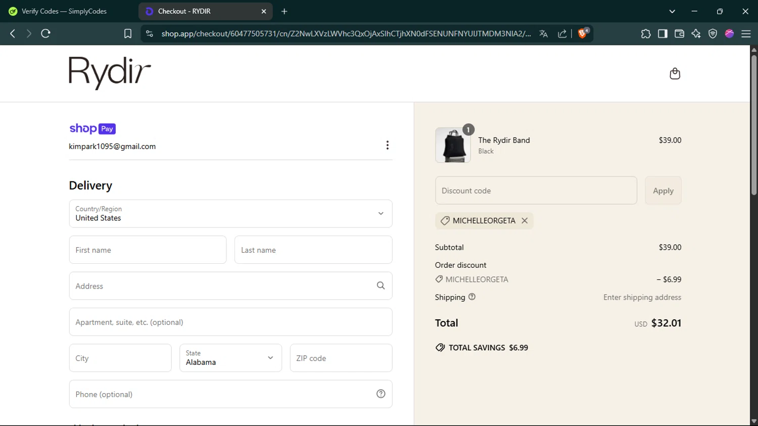 RYDIR discount code screenshot showing code MICHELLEORGETA applied at RYDIR checkout page. Uploaded by SimplyCodes community member Guacamole_Picante on Jun 10, 2025
