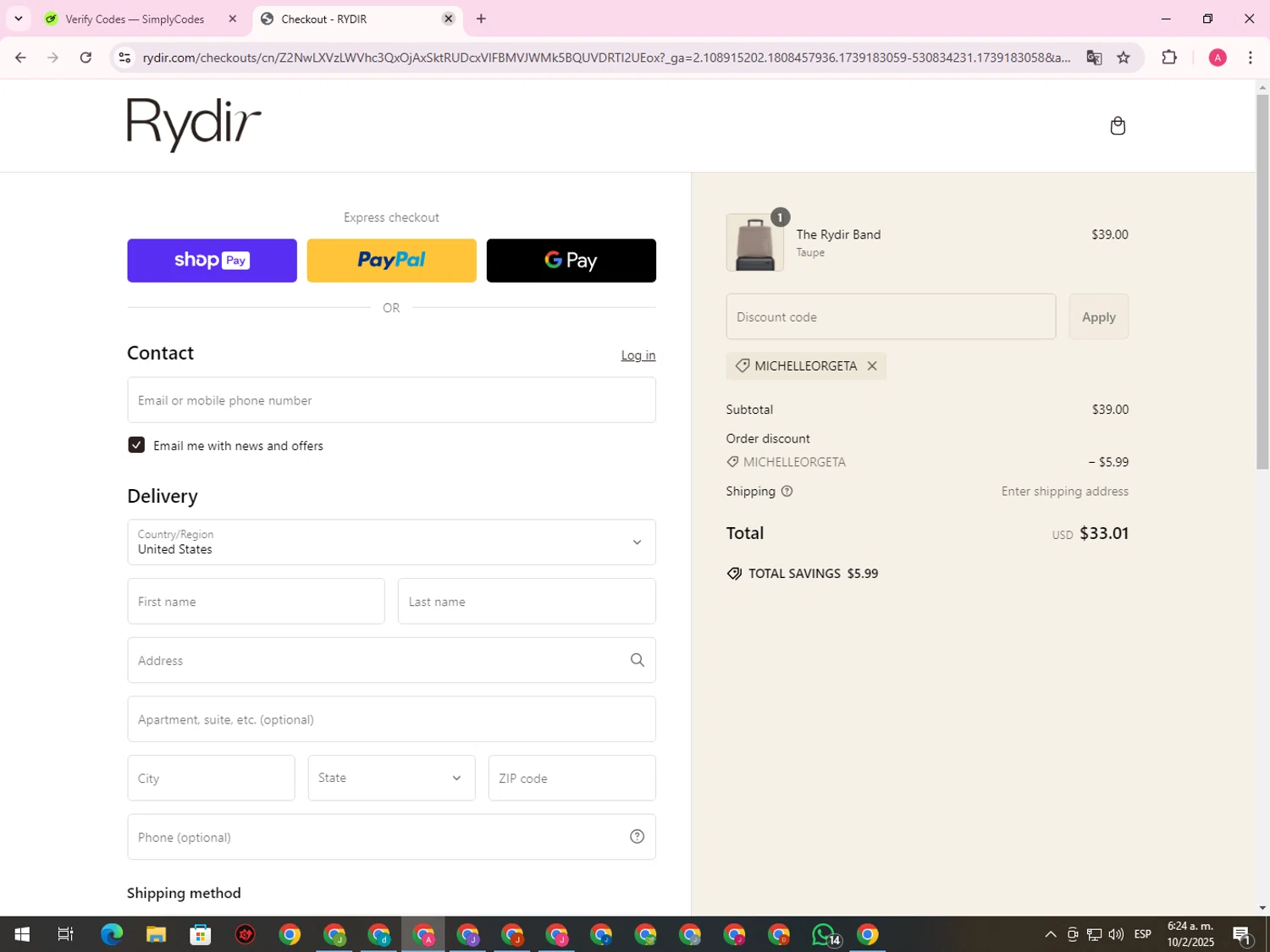 RYDIR discount code screenshot showing code MICHELLEORGETA applied at RYDIR checkout page. Uploaded by SimplyCodes community member CrownHawk3462 on Feb 10, 2025