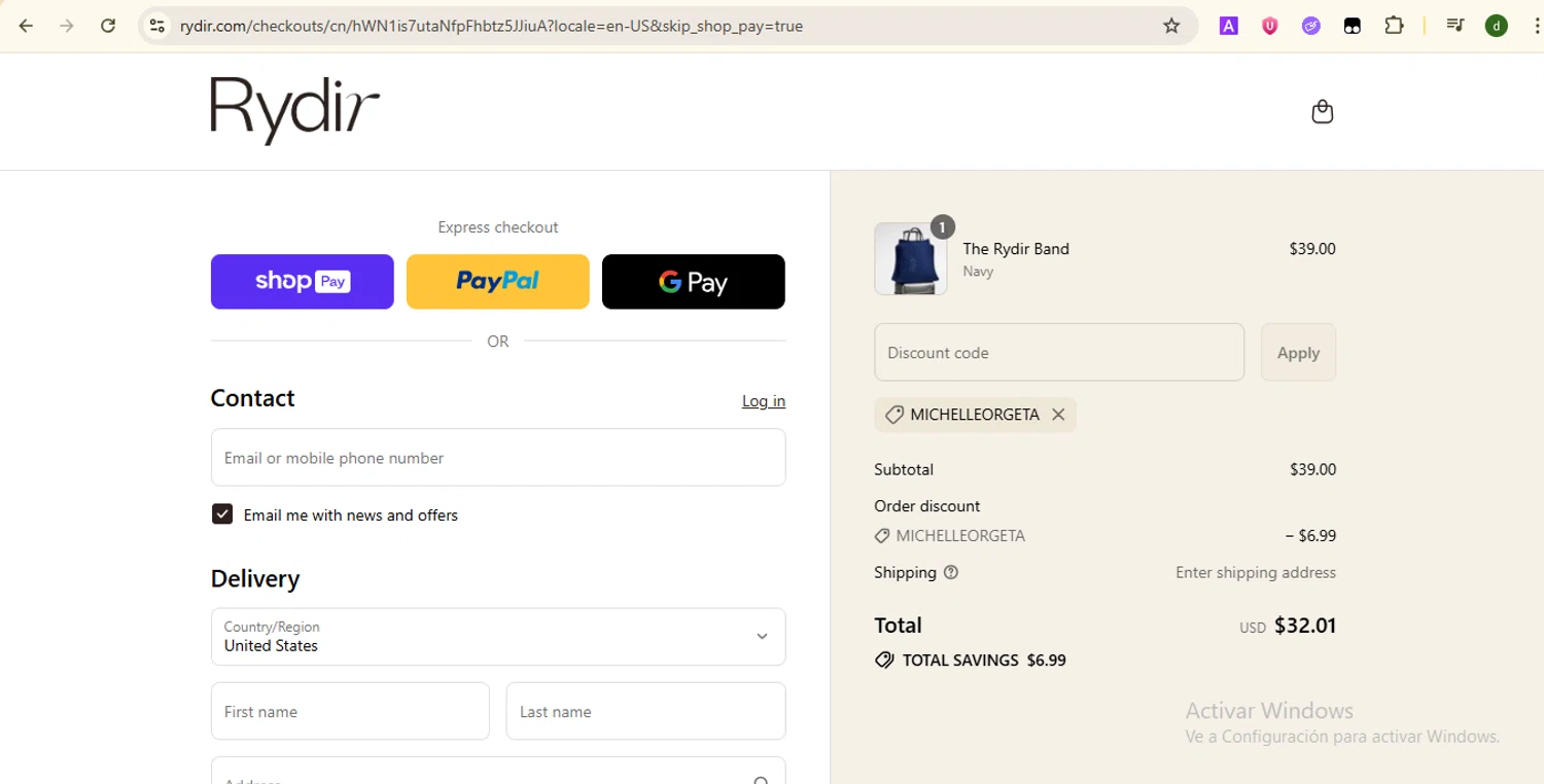 RYDIR discount code screenshot showing code MICHELLEORGETA applied at RYDIR checkout page. Uploaded by SimplyCodes community member SmartTitan8055 on Aug 12, 2025