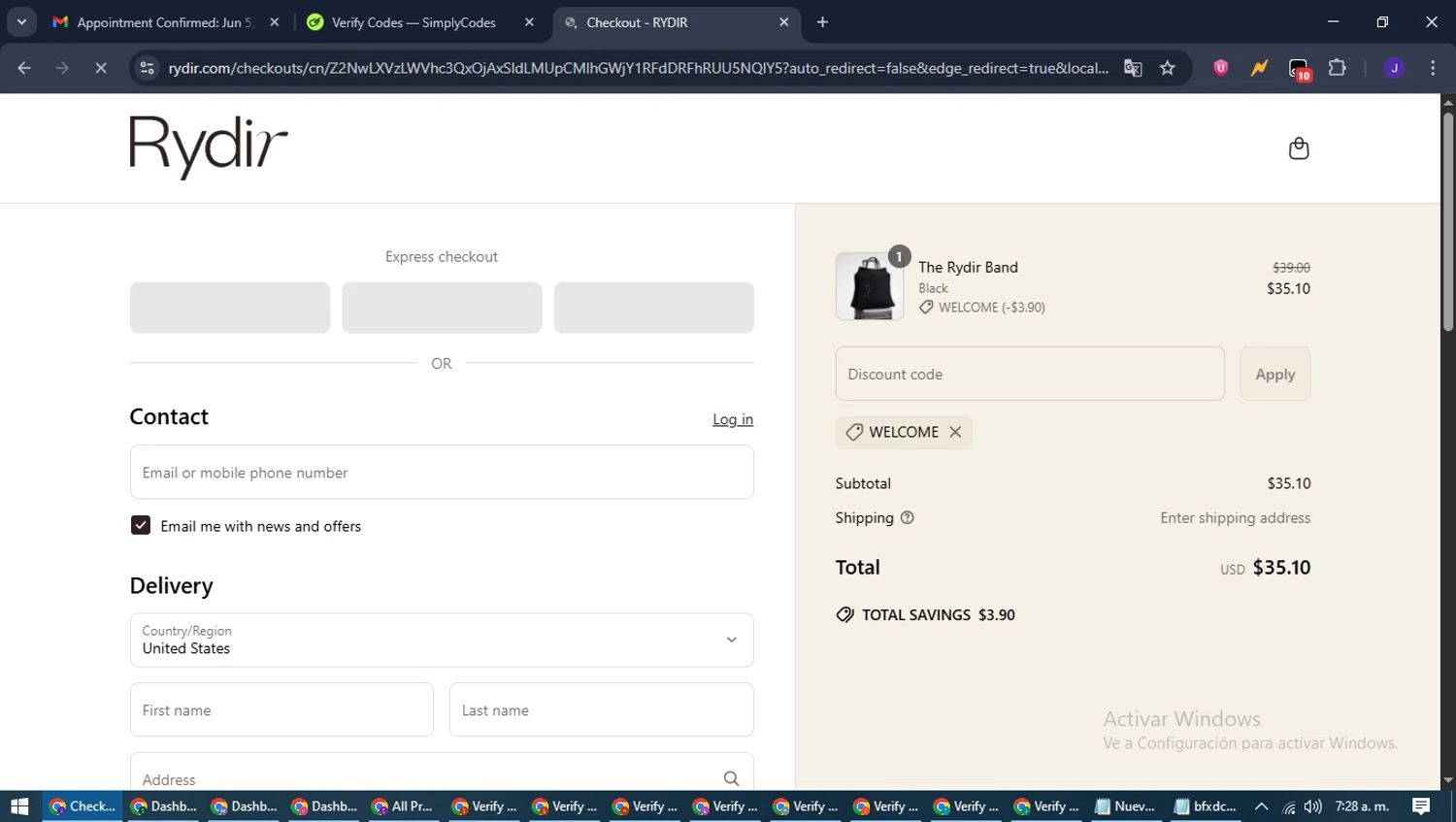 RYDIR discount code screenshot showing code WELCOME applied at RYDIR checkout page. Uploaded by SimplyCodes community member LegendaryLegend9872 on May 31, 2025