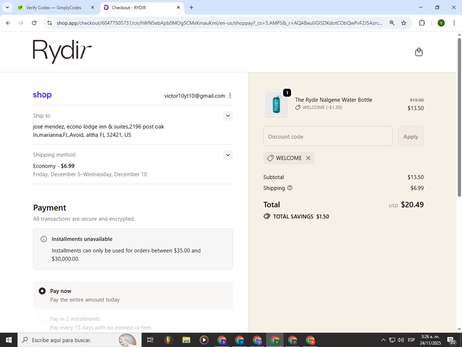 RYDIR discount code screenshot showing code WELCOME applied at RYDIR checkout page. Uploaded by SimplyCodes community member PrimeWizard4168 on Nov 24, 2025