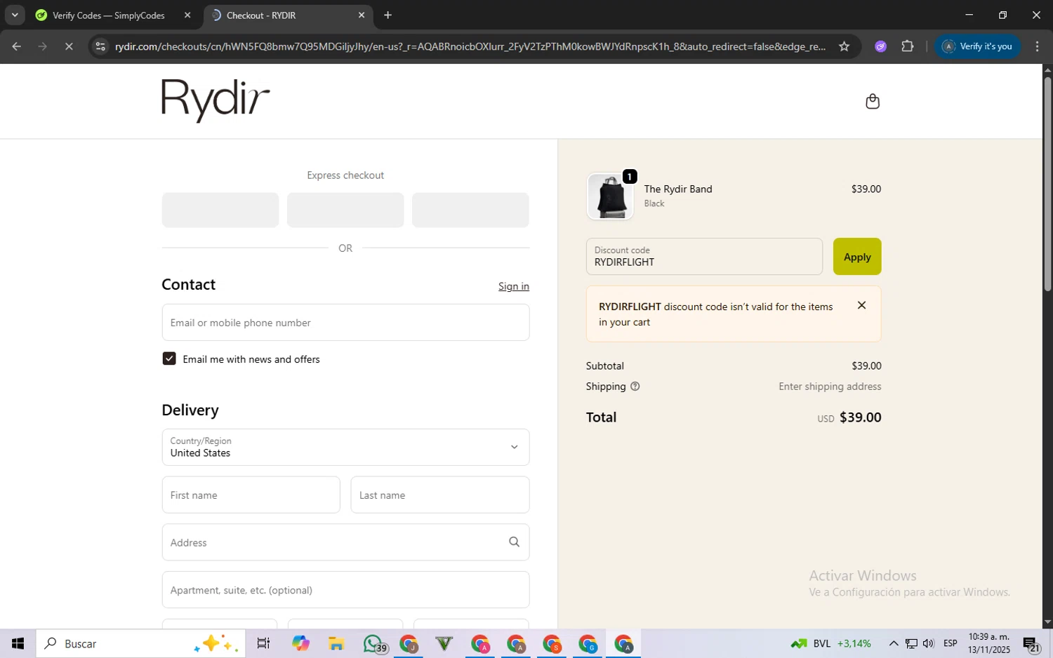 RYDIR discount code screenshot showing code RYDIRFLIGHT applied at RYDIR checkout page. Uploaded by SimplyCodes community member ScanSpotter8851 on Nov 13, 2025