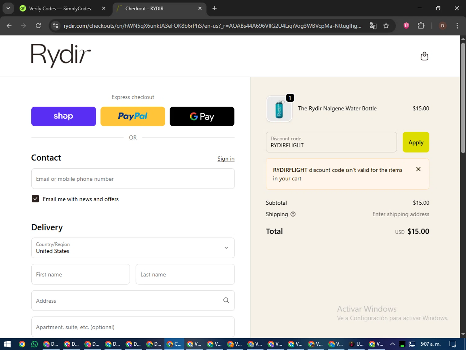 RYDIR discount code screenshot showing code RYDIRFLIGHT applied at RYDIR checkout page. Uploaded by SimplyCodes community member liltecca on Nov 29, 2025
