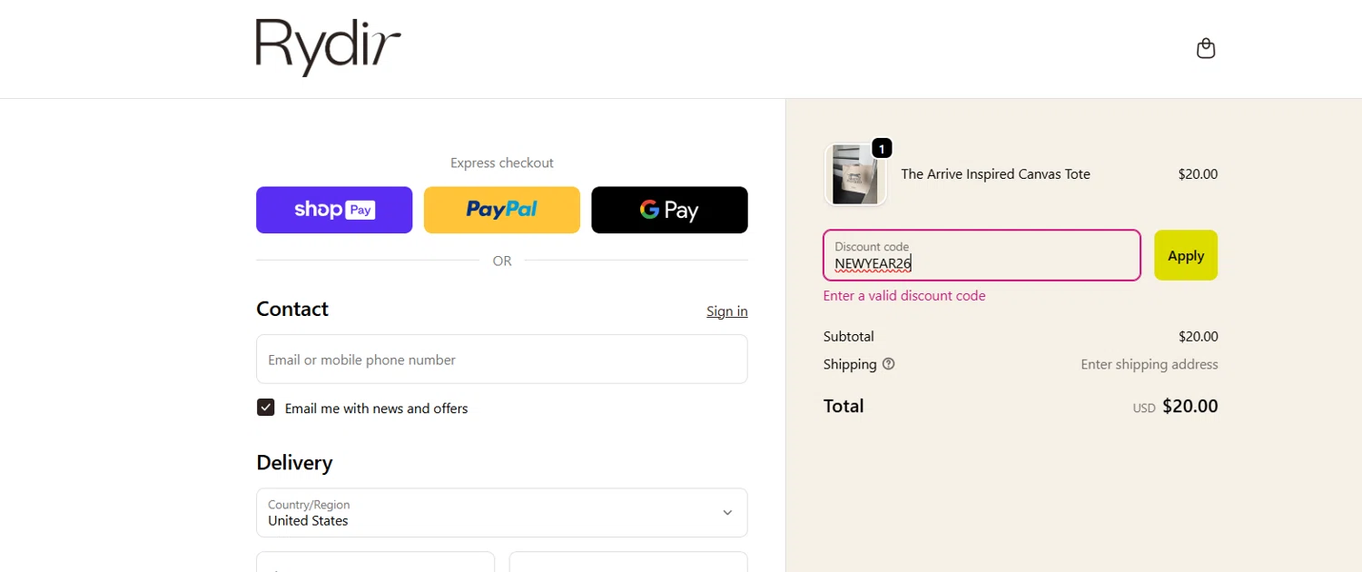 RYDIR discount code screenshot showing code NEWYEAR26 applied at RYDIR checkout page. Uploaded by SimplyCodes community member GoldDefender8866 on Jan 12, 2026