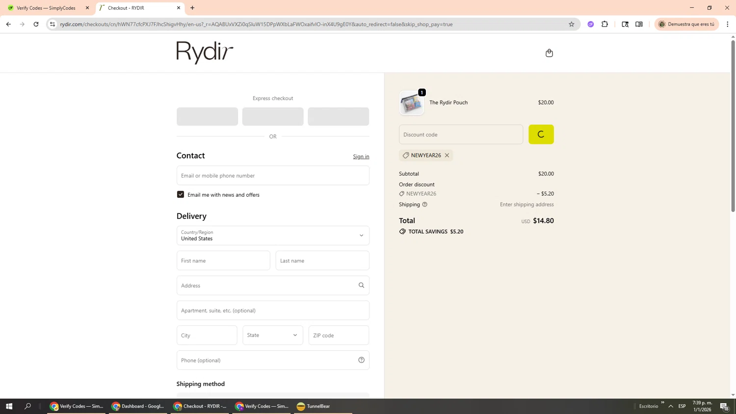 RYDIR discount code screenshot showing code NEWYEAR26 applied at RYDIR checkout page. Uploaded by SimplyCodes community member Phoenix585 on Jan 1, 2026