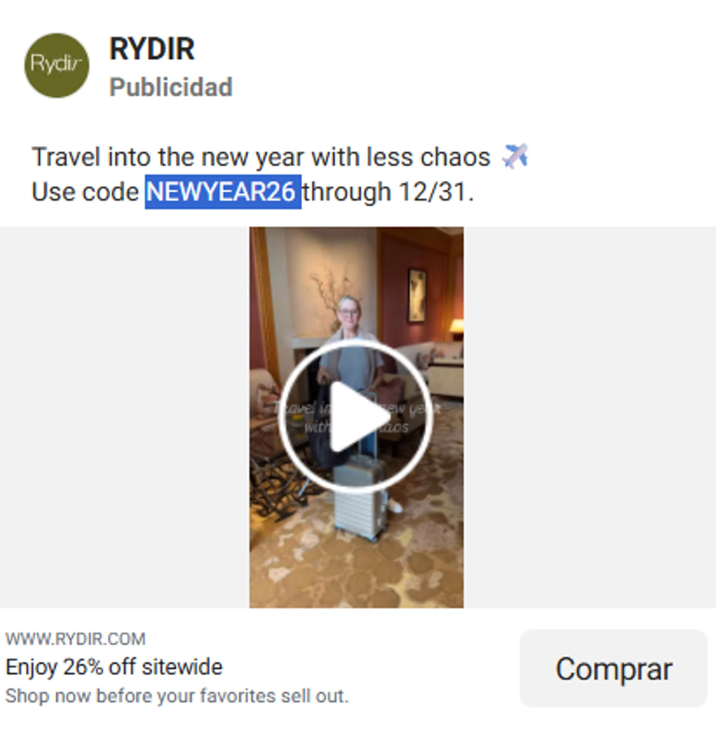 RYDIR discount code screenshot showing code NEWYEAR26 applied at RYDIR checkout page. Uploaded by SimplyCodes community member antonietarodriguez96 on Dec 27, 2025