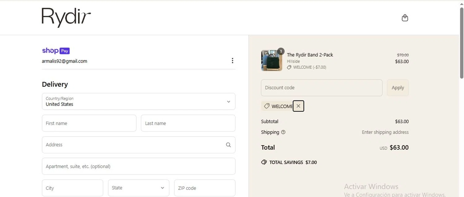 RYDIR discount code screenshot showing code WELCOME applied at RYDIR checkout page. Uploaded by SimplyCodes community member armalissolorzano1 on Apr 1, 2025