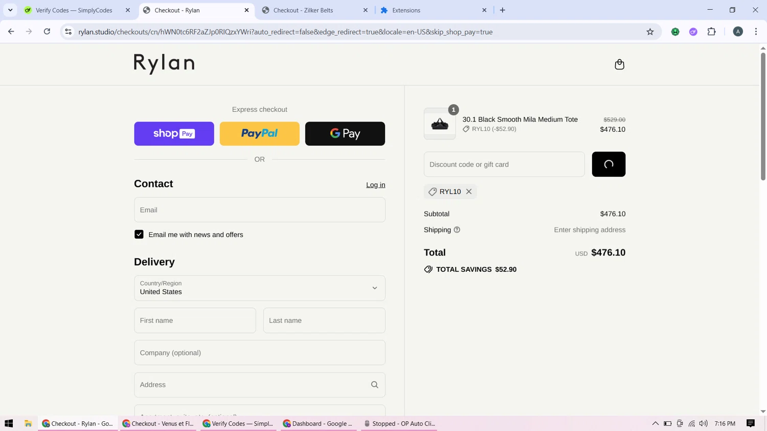Rylan discount code screenshot showing code RYL10 applied at Rylan checkout page. Uploaded by SimplyCodes community member BonusMonarch7015 on Jul 21, 2025